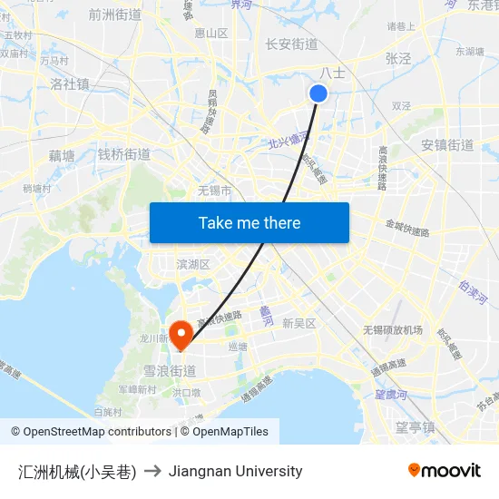 Huizhou Machinery (Xiao Wu Alley) to Jiangnan University map
