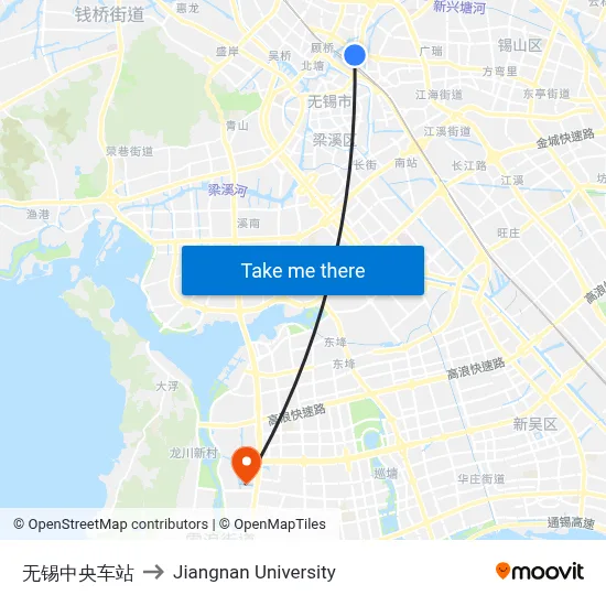 Wuxi Central Station to Jiangnan University map