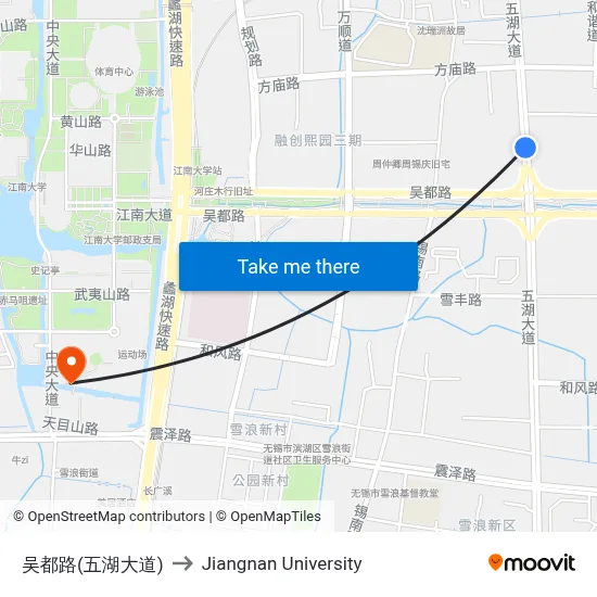 Wudu Road (Wuhu Avenue) to Jiangnan University map