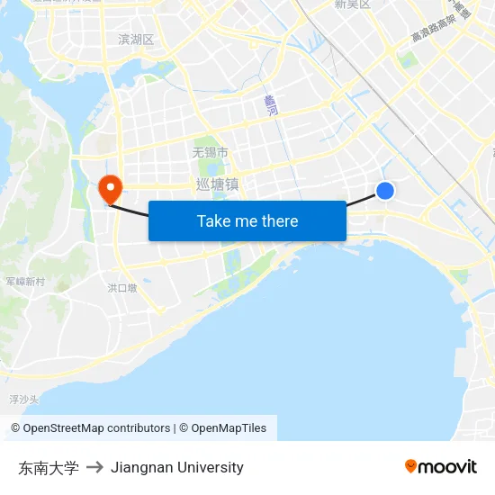 东南大学 to Jiangnan University map