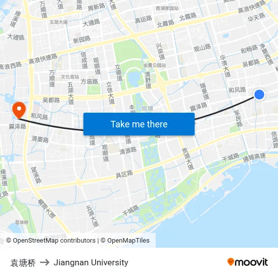 Yuantang Bridge to Jiangnan University map