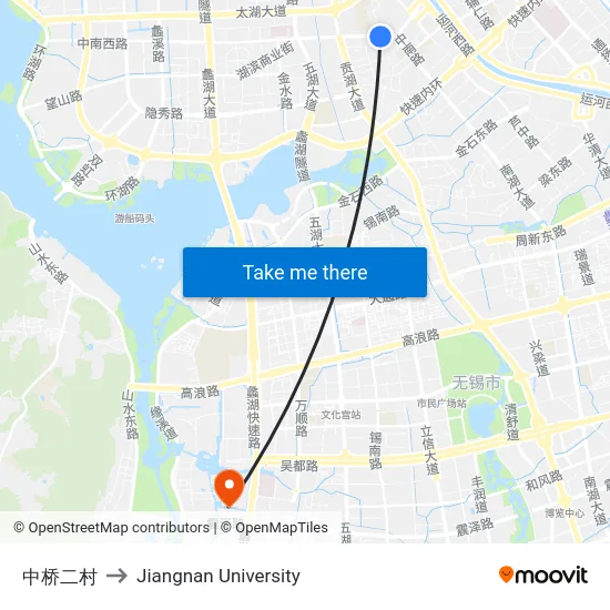 中桥二村 to Jiangnan University map