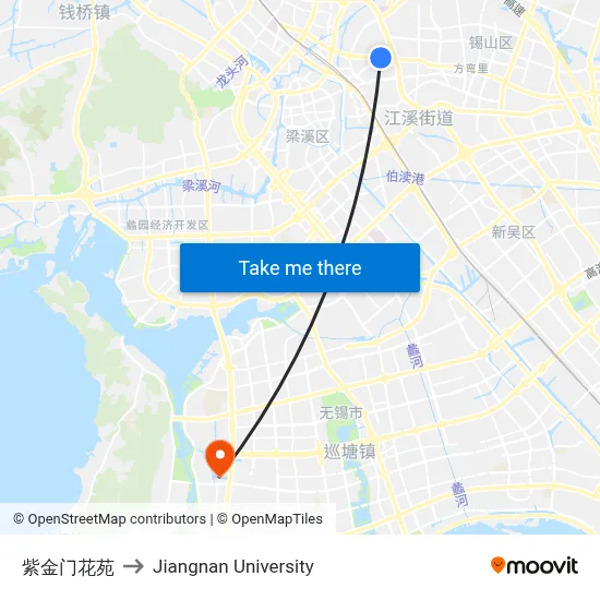 Zijinmen Garden to Jiangnan University map