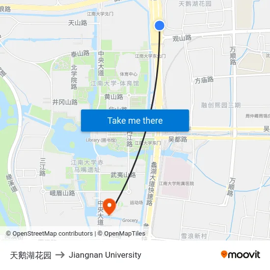 天鹅湖花园 to Jiangnan University map
