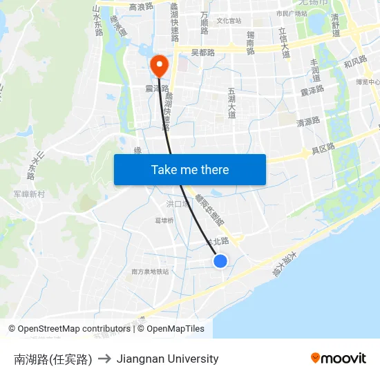 Nanhu Road (Renbin Road) to Jiangnan University map