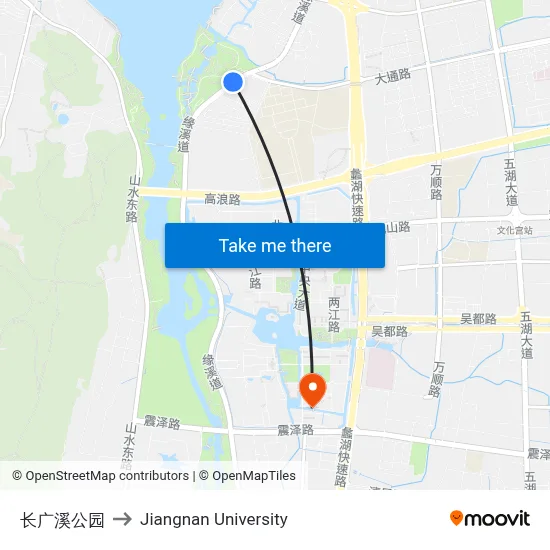 Changguangxi Park to Jiangnan University map