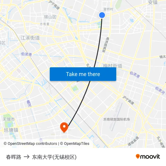春晖路 to 东南大学(无锡校区) map