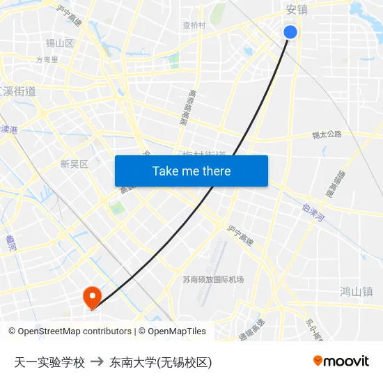 天一实验学校 to 东南大学(无锡校区) map