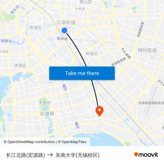 长江北路(宏源路) to 东南大学(无锡校区) map