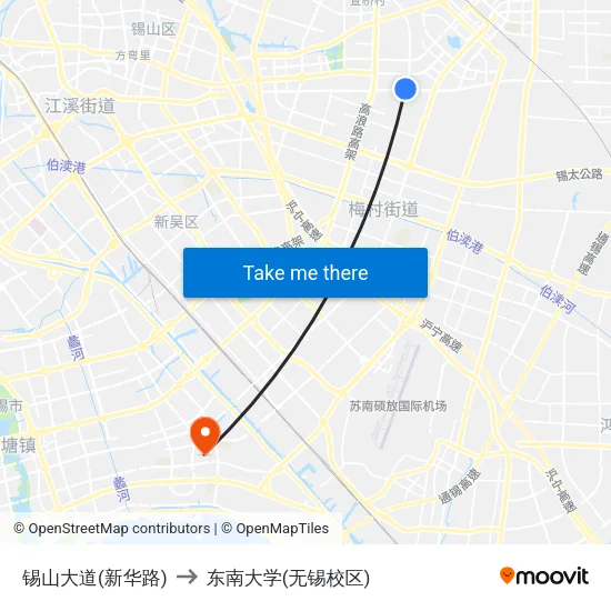 锡山大道(新华路) to 东南大学(无锡校区) map
