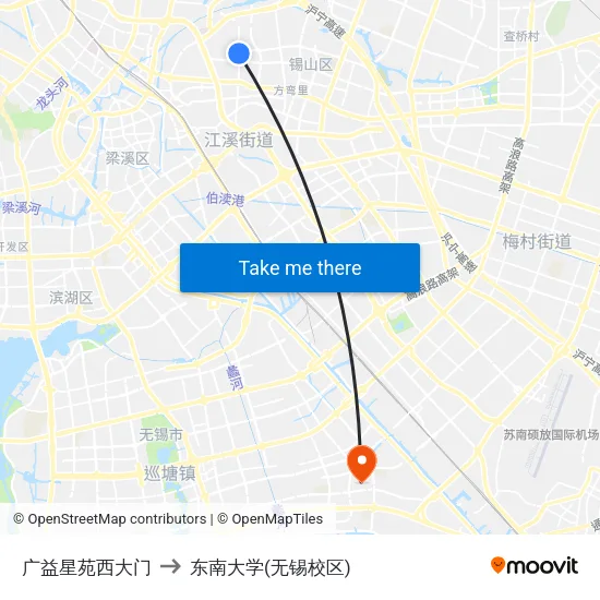 广益星苑西大门 to 东南大学(无锡校区) map