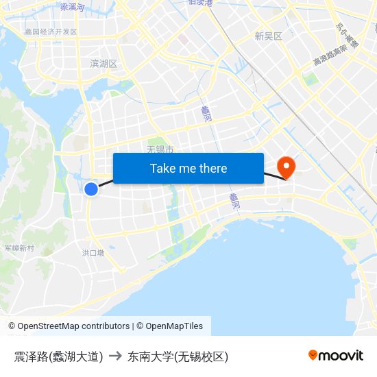 震泽路(蠡湖大道) to 东南大学(无锡校区) map