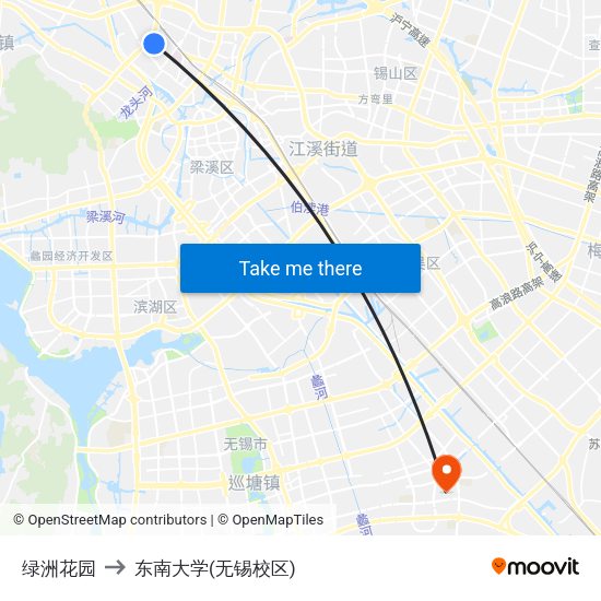 绿洲花园 to 东南大学(无锡校区) map
