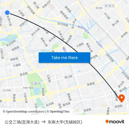 公交三场(贡湖大道) to 东南大学(无锡校区) map