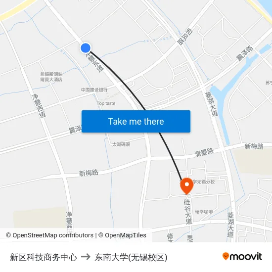 新区科技商务中心 to 东南大学(无锡校区) map