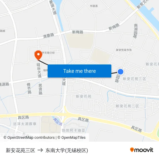 新安花苑三区 to 东南大学(无锡校区) map