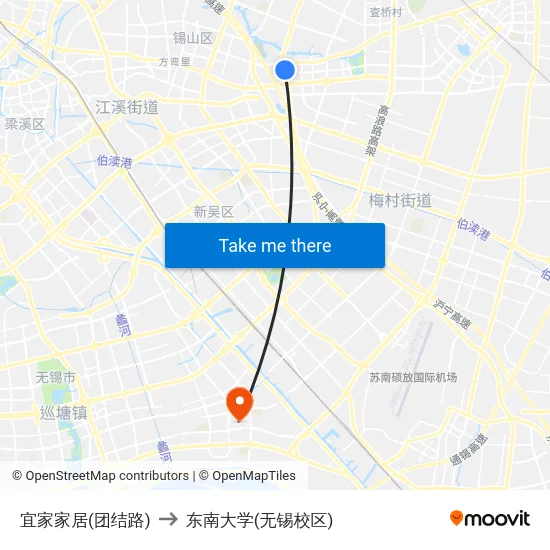 宜家家居(团结路) to 东南大学(无锡校区) map