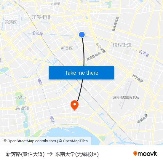 新芳路(泰伯大道) to 东南大学(无锡校区) map