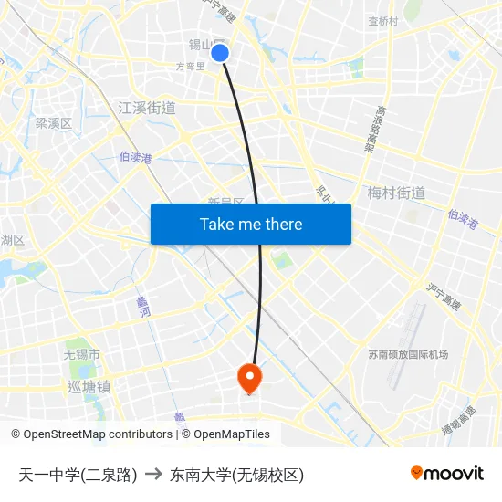 天一中学(二泉路) to 东南大学(无锡校区) map