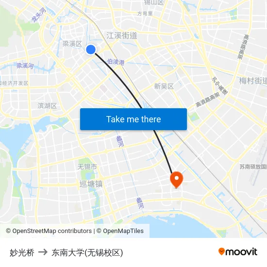 妙光桥 to 东南大学(无锡校区) map