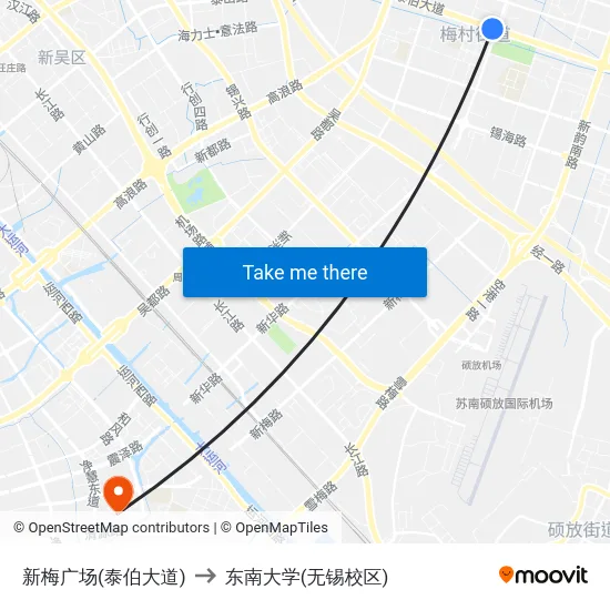 新梅广场(泰伯大道) to 东南大学(无锡校区) map