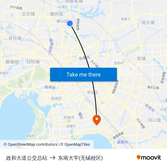政和大道公交总站 to 东南大学(无锡校区) map