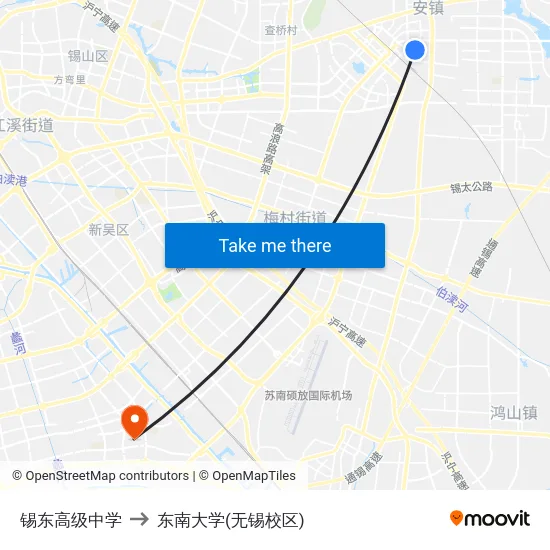 锡东高级中学 to 东南大学(无锡校区) map