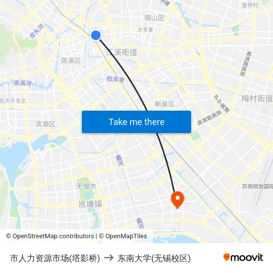 市人力资源市场(塔影桥) to 东南大学(无锡校区) map
