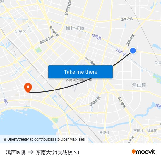 鸿声医院 to 东南大学(无锡校区) map