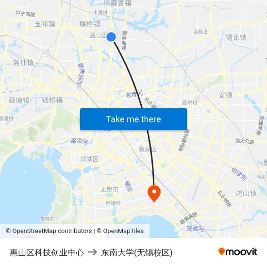 惠山区科技创业中心 to 东南大学(无锡校区) map