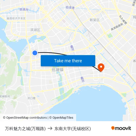 万科魅力之城(万顺路) to 东南大学(无锡校区) map