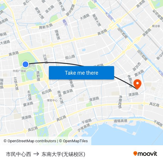 市民中心西 to 东南大学(无锡校区) map