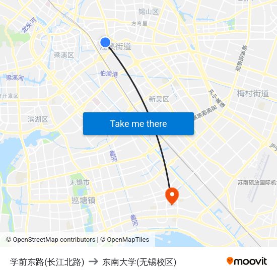 学前东路(长江北路) to 东南大学(无锡校区) map