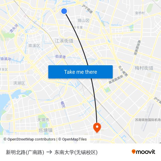 新明北路(广南路) to 东南大学(无锡校区) map