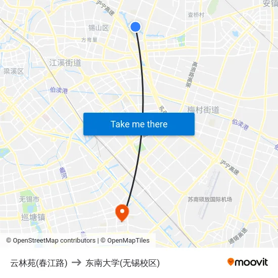 云林苑(春江路) to 东南大学(无锡校区) map