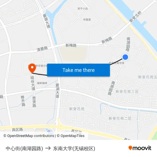 中心街(南湖园路) to 东南大学(无锡校区) map