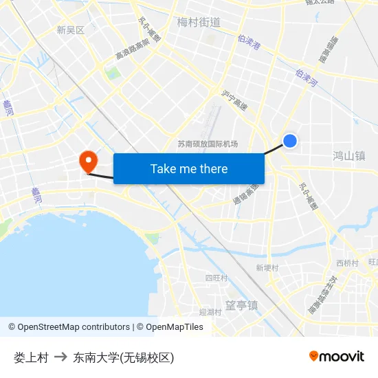 娄上村 to 东南大学(无锡校区) map