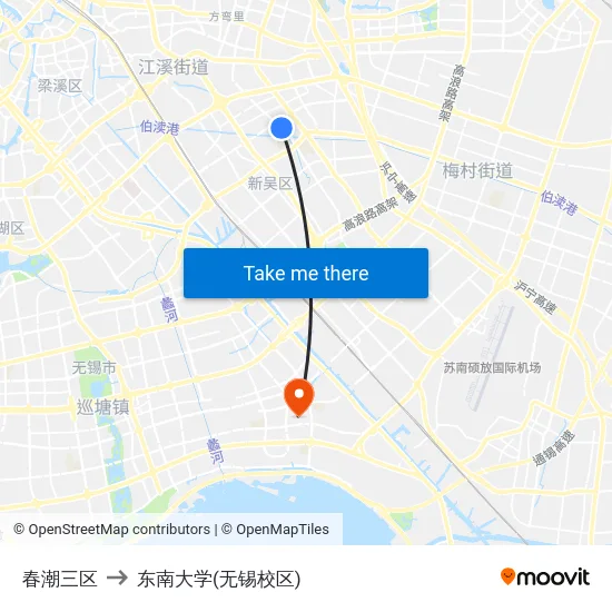 春潮三区 to 东南大学(无锡校区) map