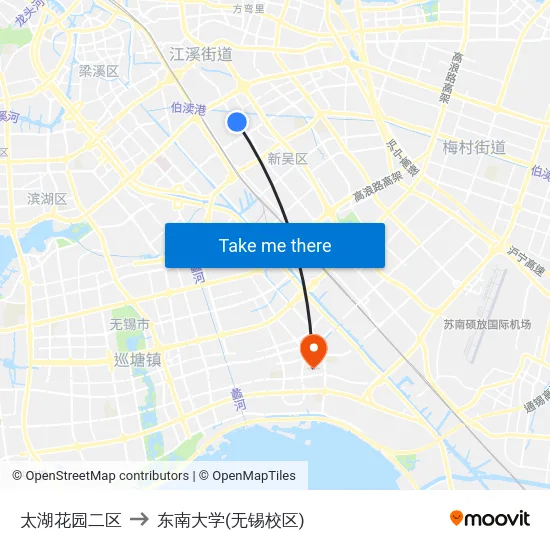 太湖花园二区 to 东南大学(无锡校区) map