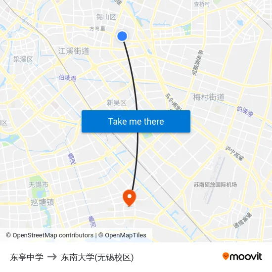 东亭中学 to 东南大学(无锡校区) map