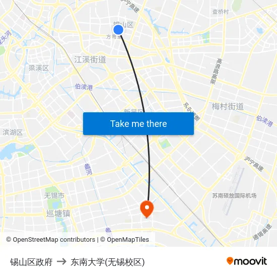 锡山区政府 to 东南大学(无锡校区) map