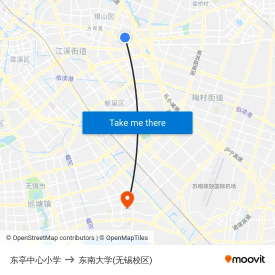 东亭中心小学 to 东南大学(无锡校区) map