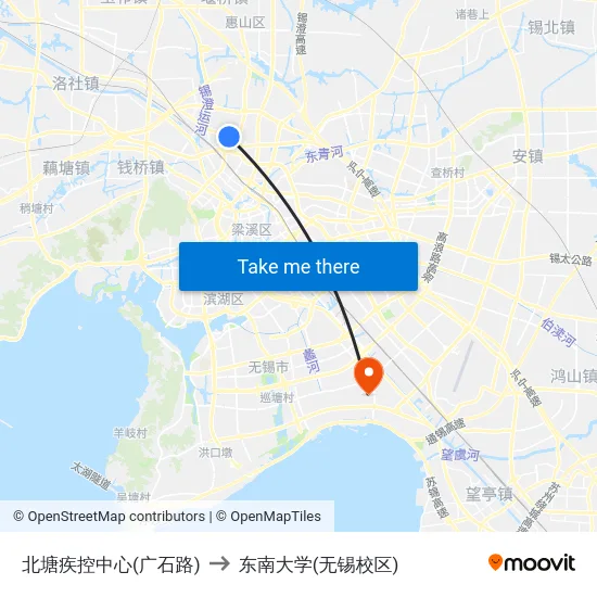 北塘疾控中心(广石路) to 东南大学(无锡校区) map
