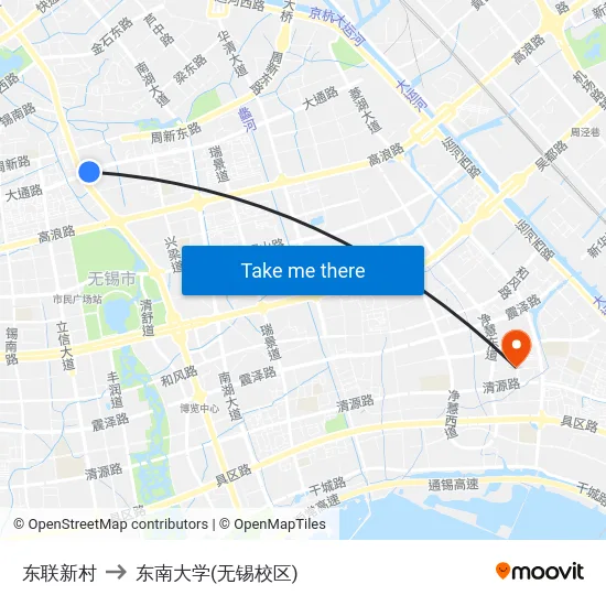 东联新村 to 东南大学(无锡校区) map