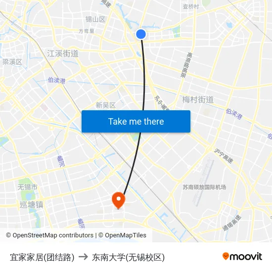 宜家家居(团结路) to 东南大学(无锡校区) map