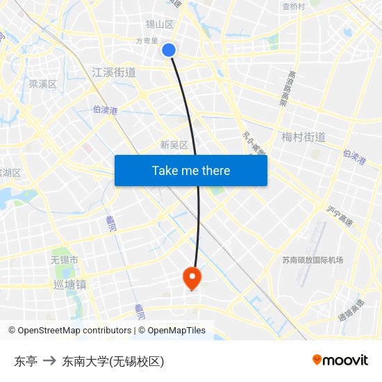 东亭 to 东南大学(无锡校区) map