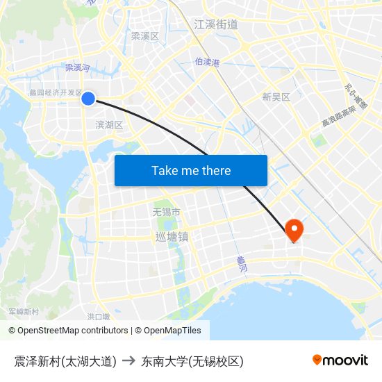 震泽新村(太湖大道) to 东南大学(无锡校区) map