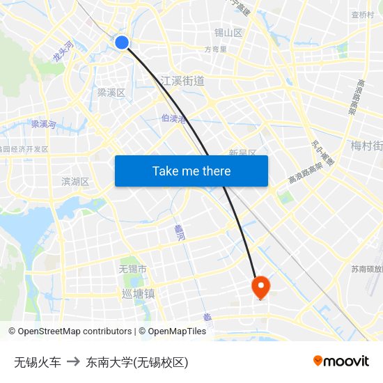 无锡火车 to 东南大学(无锡校区) map