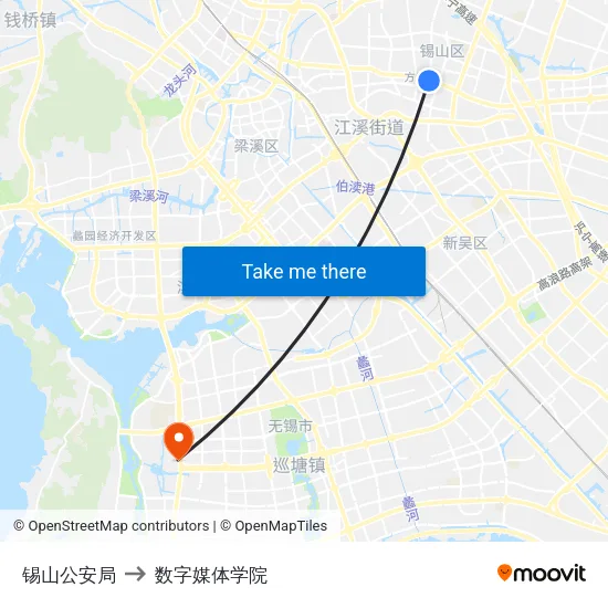 锡山公安局 to 数字媒体学院 map