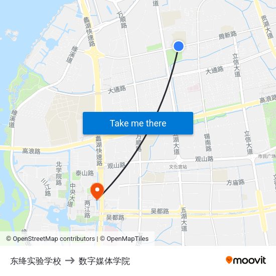 东绛实验学校 to 数字媒体学院 map